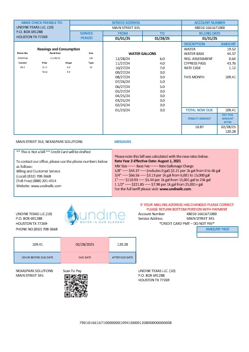 USA Texas Undine water is our element water business utility bill Word and PDF formats